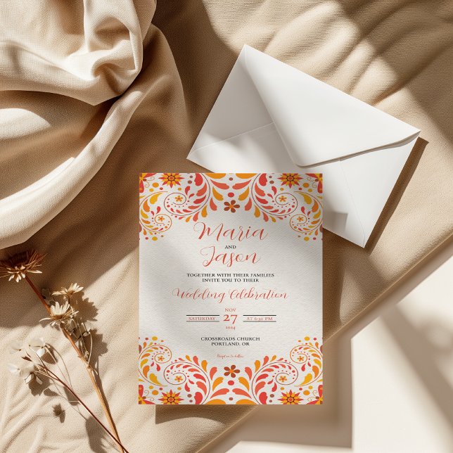 Convite Casamento Floral da Borboleta Amarela Laranja-Lara (Mexican Orange Red Yellow Butterfly Floral Wedding Invitation)
