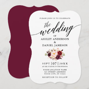 Convite Casamento Floral da Borgonha com Script de Caligra