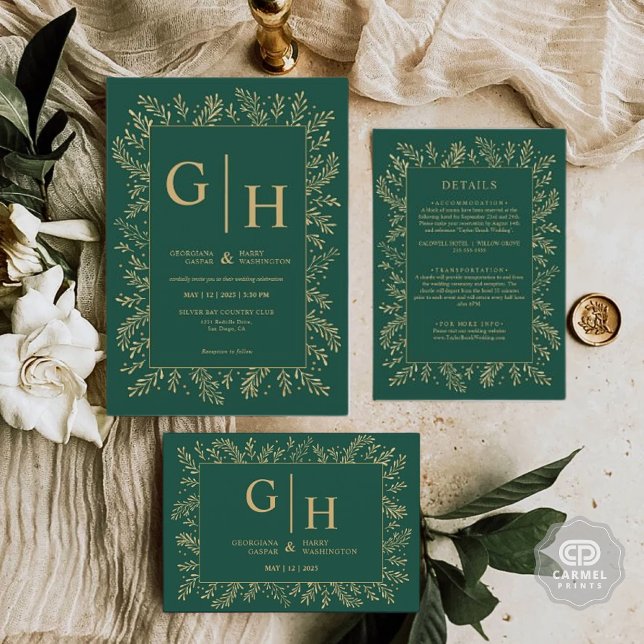 Convite Casamento Floral da Dourada Fronteira Verde da Sel (Dark Jungle Green Gold Leaf Border Floral Wedding Invitation)