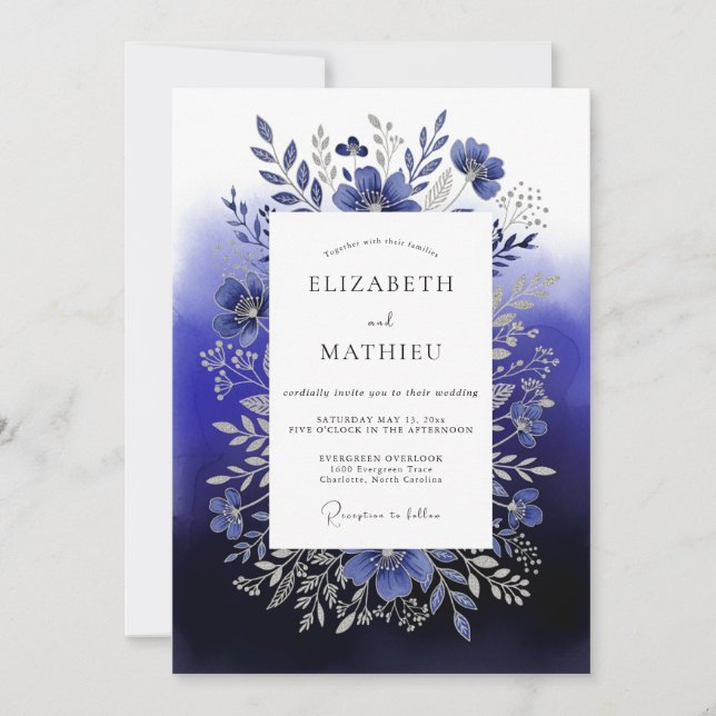 Convite Casamento Floral da Floresta Azul Profunda (Frente)