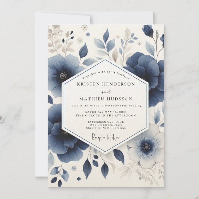 Convite Casamento Floral da Floresta Azul Profunda (Frente)