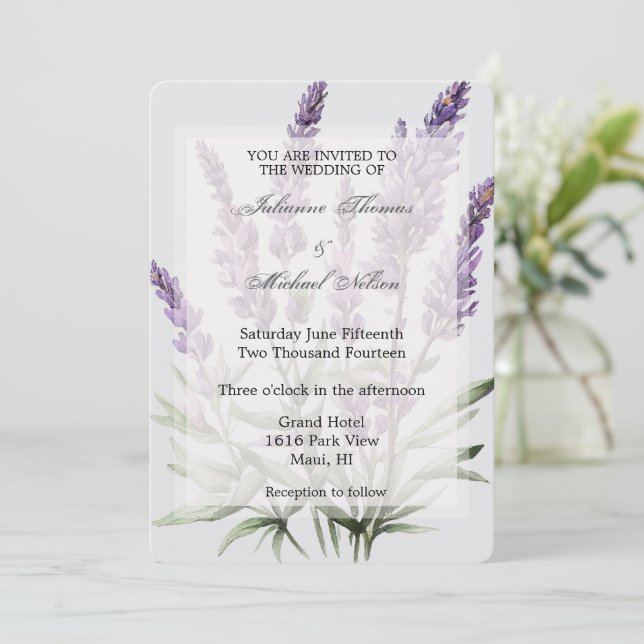 Convite Casamento Floral da Lavanda Roxa da Cinza Romântic (Em pé/Frente)