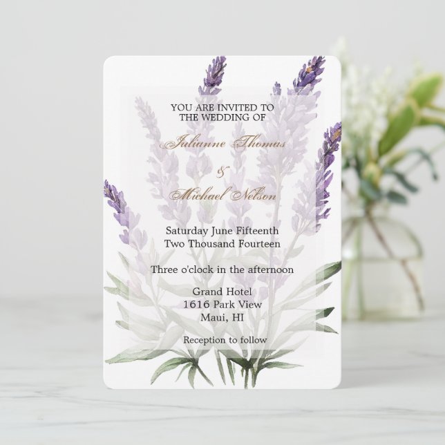 Convite Casamento Floral da Lavanda Roxa Romântica (Em pé/Frente)
