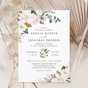 Convite Casamento Floral da Magnolia Branca Dourada e Rosa