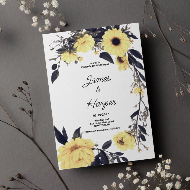 Convite Casamento floral da margarida amarela-escura cinza (Watercolor yellow dark gray daisy floral Wedding )