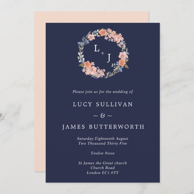 Convite Casamento Floral da Rua Floral do marinho e Peach  (Frente/Verso)