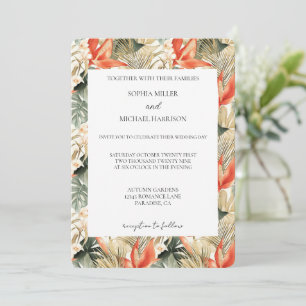 Convite Casamento Floral da Selva Tropical Laranja Vermelh