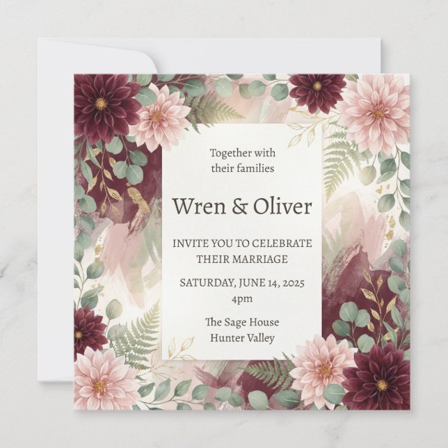 Convite Casamento Floral Daisy Borgonha (Frente)
