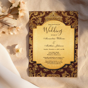 Convite Casamento floral damasco marrom dourado vintage su