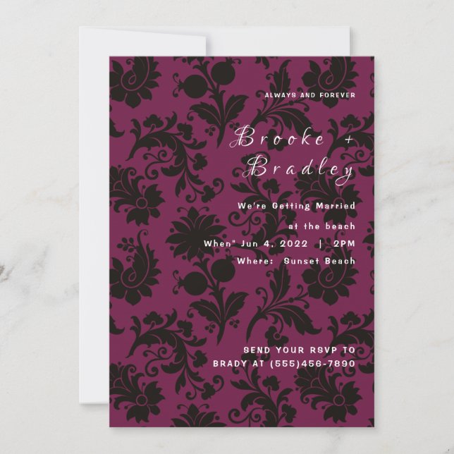 Convite Casamento Floral Damask Rosa Escuro (Frente)