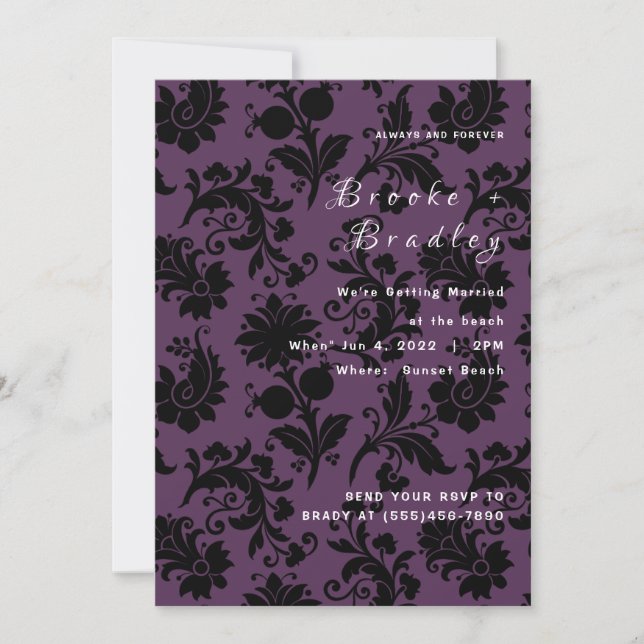 Convite Casamento Floral Damask Roxo Escuro (Frente)