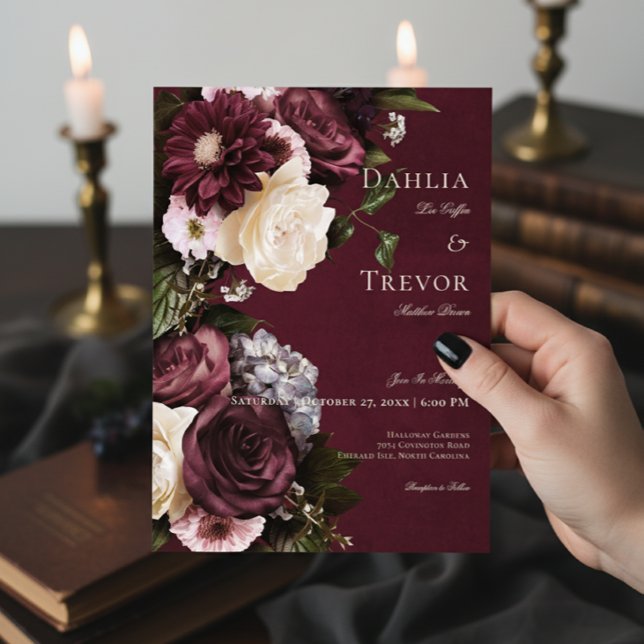 Convite Casamento Floral Dark Elegant Burgundy & Cream (Criador carregado)