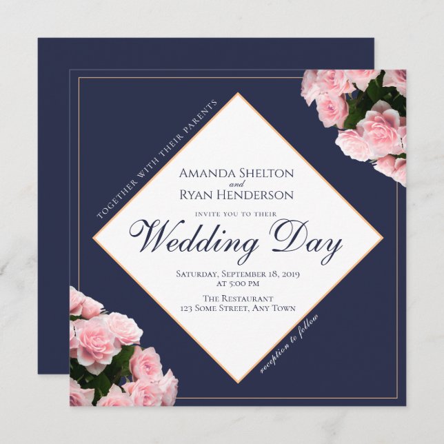 Convite Casamento Floral das Flores de Buquê Rosa Rosa Ele (Frente/Verso)