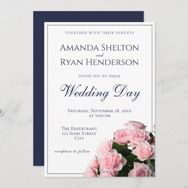 Convite Casamento Floral das Flores Rosa Elegante (Frente/Verso)