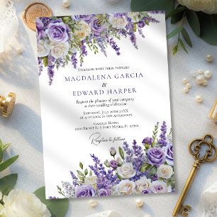Convite Casamento Floral das Rosas de Lavanda Roxo-Elegant