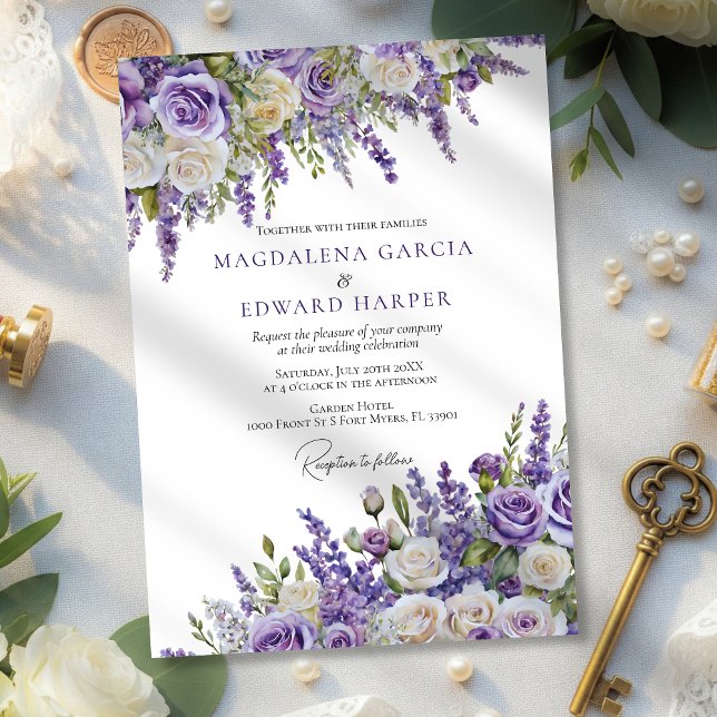Convite Casamento Floral das Rosas de Lavanda Roxo-Elegant (Criador carregado)