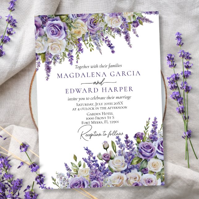 Convite Casamento Floral das Rosas de Lavanda Roxo-Elegant (Criador carregado)