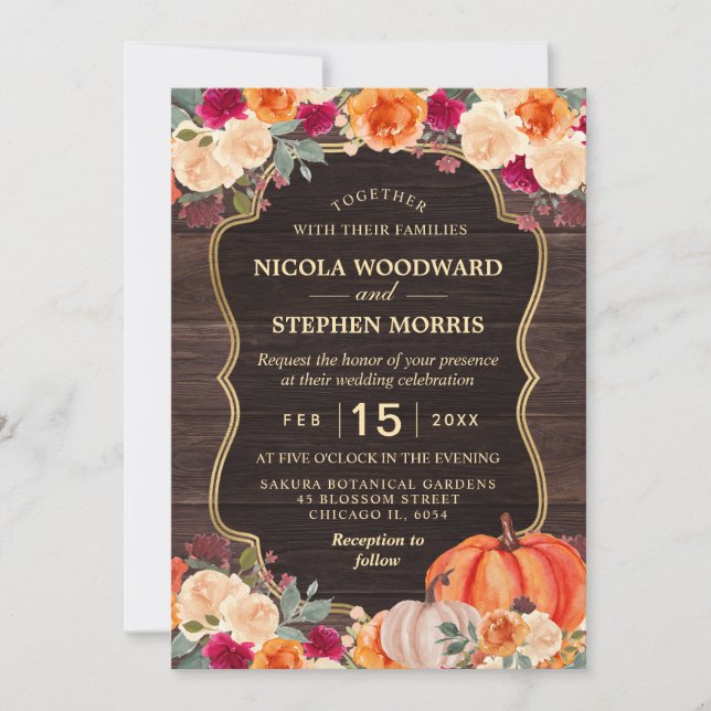 Convite Casamento floral de abóbora laranja de outono rúst (Frente)