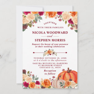 Convite Casamento Floral de Abóbora Laranja de Outono Rúst
