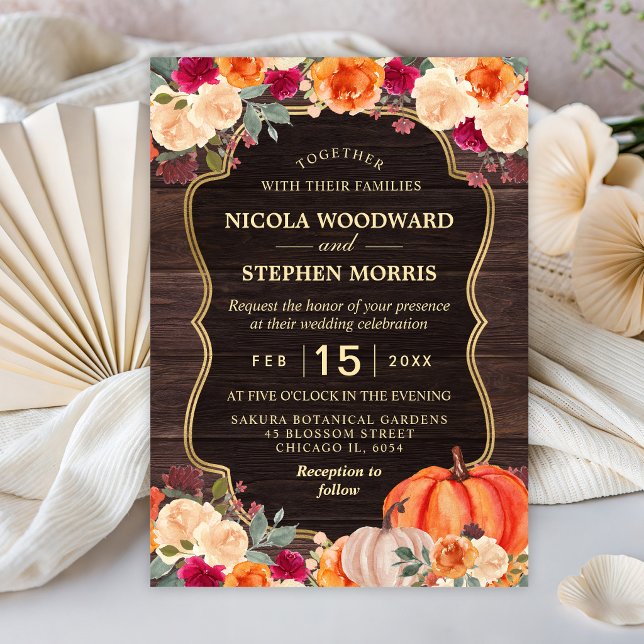 Convite Casamento floral de abóbora laranja de outono rúst (Criador carregado)