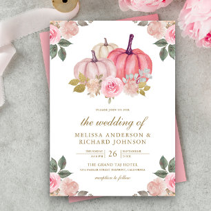 Convite Casamento Floral de Abóbora Rosa Rústico e Dourado
