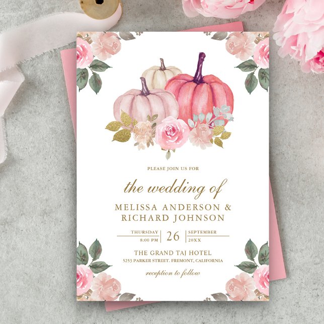 Convite Casamento Floral de Abóbora Rosa Rústico e Dourado (Criador carregado)