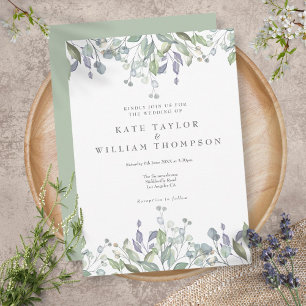 Convite Casamento Floral de Aguarela de Verde Lilás Salvia