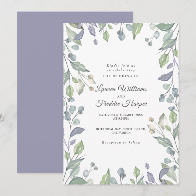 Convite Casamento Floral de Aguarela Lilás (Frente/Verso)
