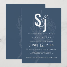 Convite Casamento Floral de Algodão Azul Escuro Minimalist