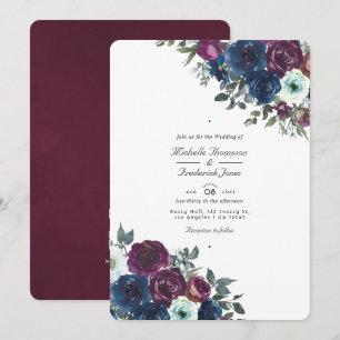 Convite Casamento Floral de Ameixa e Azul Marinho com QR C