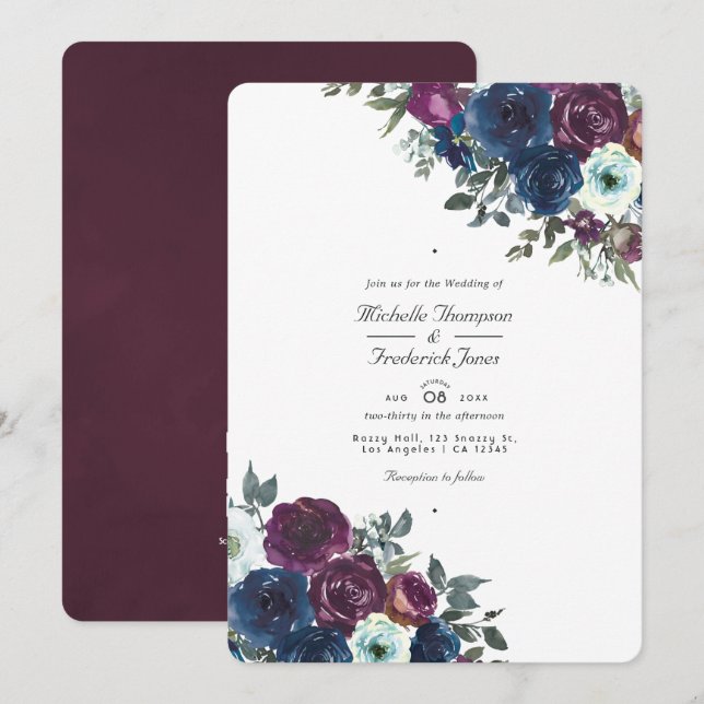 Convite Casamento Floral de Ameixa e Azul Marinho com QR C (Frente/Verso)