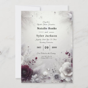 Convite Casamento Floral de Ameixa e Marfim Besuntado de N