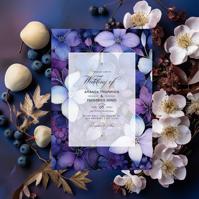 Convite Casamento Floral de ameixa, Marinho Azul e Prata (Criador carregado)
