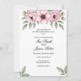 Convite Casamento Floral de Anêmona em Aquarela Rosa Român