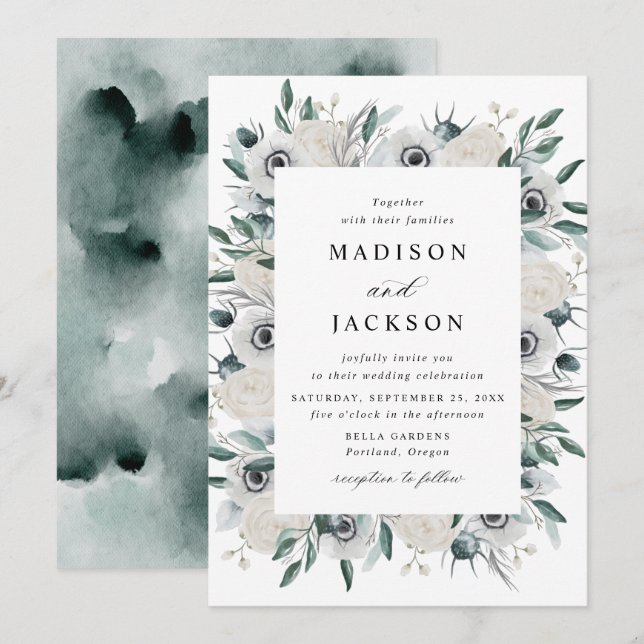 Convite Casamento Floral de Anêmonas Brancas e Rosas (Frente/Verso)