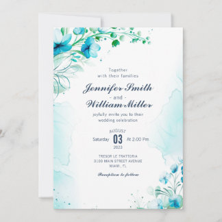 Convite Casamento Floral de Aqua Azul-Aquarela