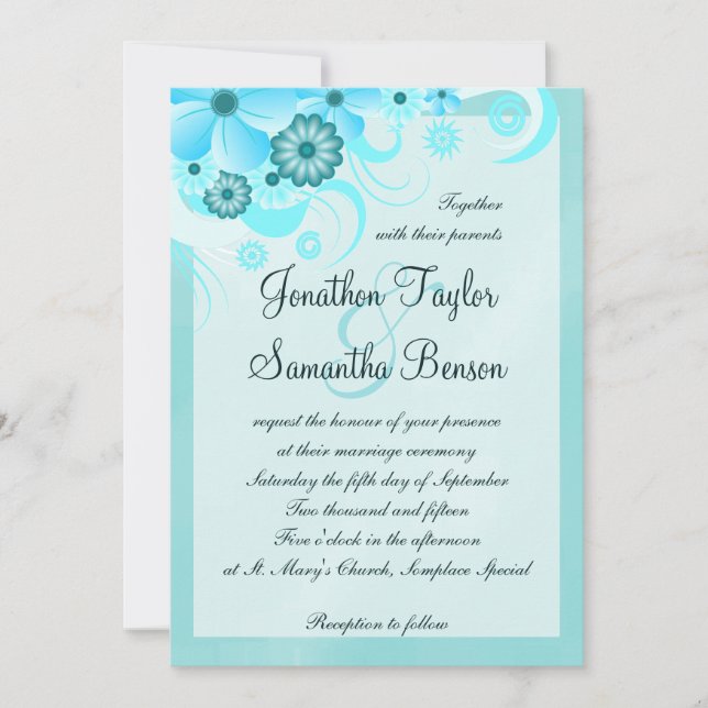 Convite Casamento Floral de Aqua Blue Teal Hibiscus (Frente)