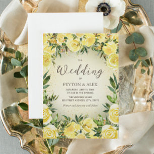 Convite Casamento Floral de Aquarela Amarela com Brilho Do