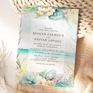 Convite Casamento Floral de Aquarela Azul na Praia
