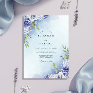 Convite Casamento Floral de Aquarela Azul-Pervinca