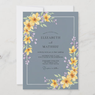 Convite Casamento Floral de Aquarela Azul Pizarra