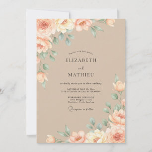 Convite Casamento Floral de Aquarela Bege Rosa