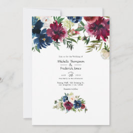 Convite Casamento Floral de Aquarela Bordo e Azul Marinho