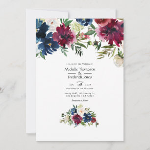 Convite Casamento Floral de Aquarela Bordo e Azul Marinho