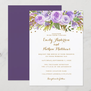 Convite Casamento Floral de Aquarela com Brilho em Ouro Ro