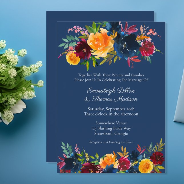 Convite Casamento Floral de Aquarela com Cores Brilhantes (Criador carregado)