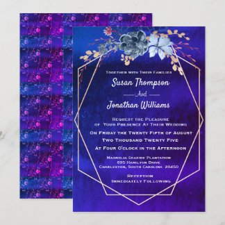 Convite Casamento Floral de Aquarela com Marinho Geométric