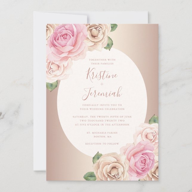 Convite Casamento Floral de Aquarela com Script Dourado Ch (Frente)