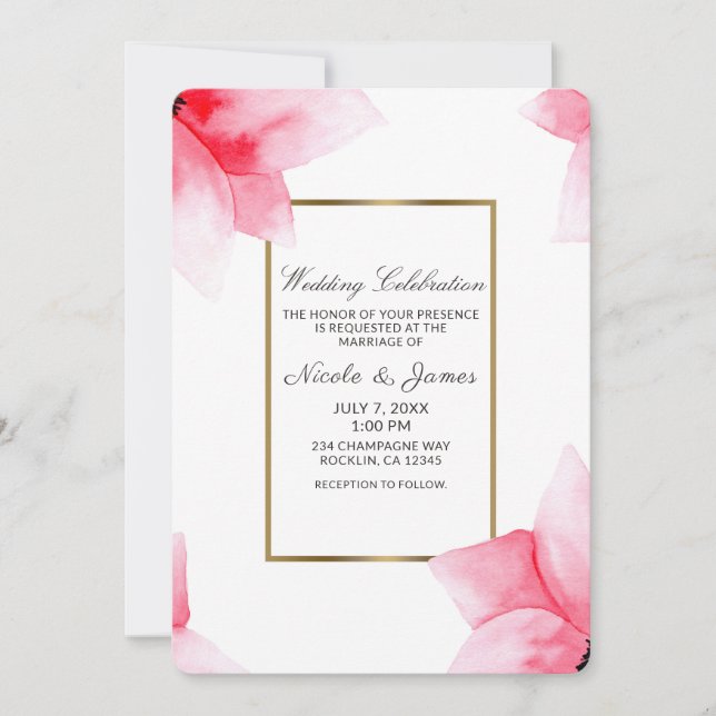 Convite Casamento Floral de Aquarela Coral Pêssego de Verã (Frente)