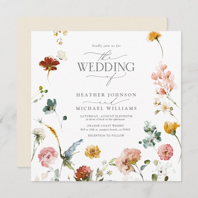 Convite Casamento Floral de Aquarela das Flores de Jardim  (Frente/Verso)